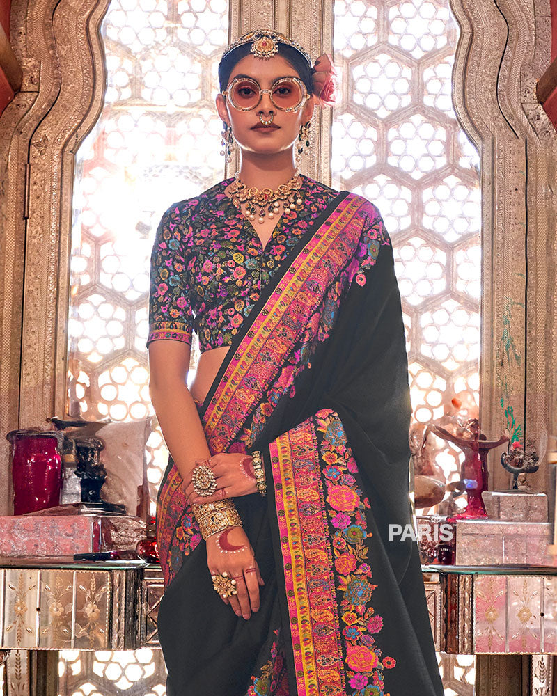 Black Floral Pashmina Silk Saree – Elegant Embroidered Saree
