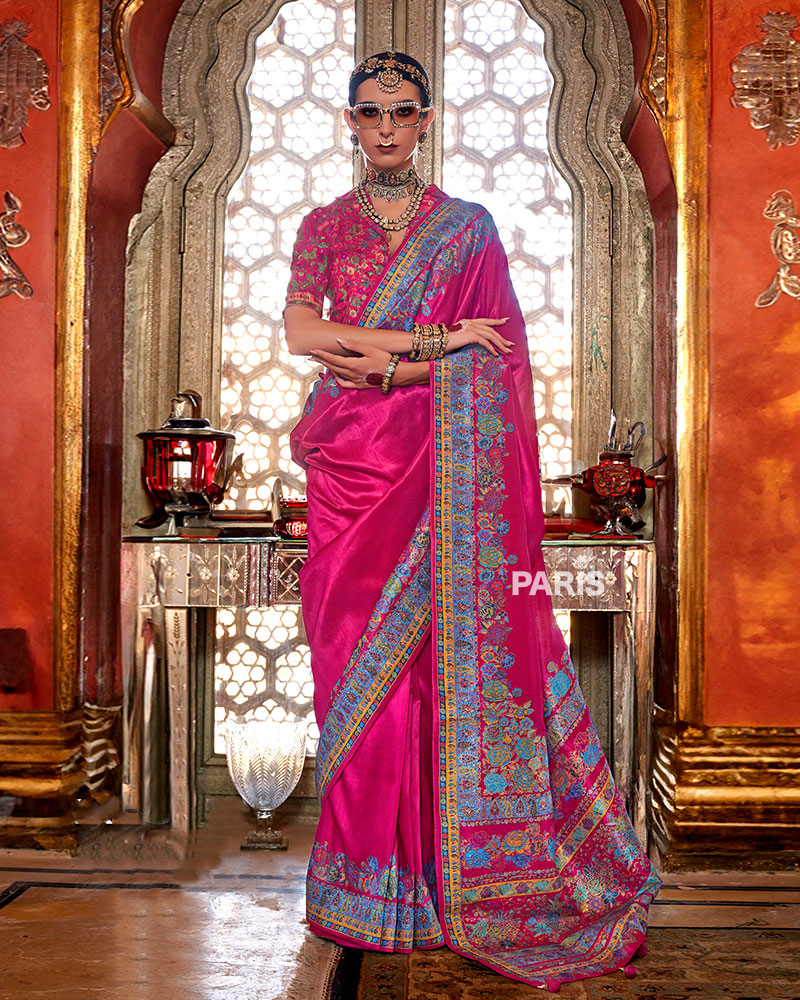 Hot Pink Floral Pashmina Silk Saree – Trendy Festive Saree