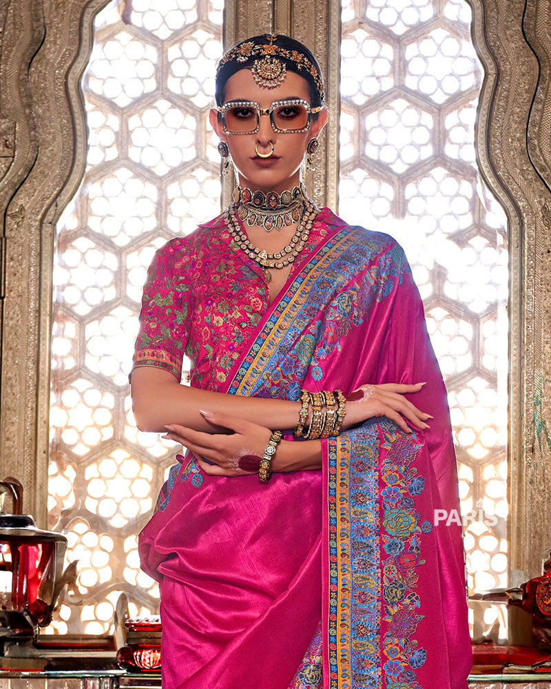 Hot Pink Floral Pashmina Silk Saree – Trendy Festive Saree