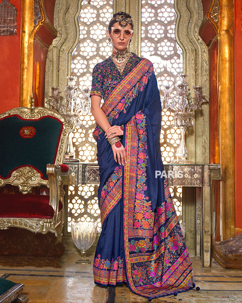 Navy Blue Floral Pashmina Silk Saree – Designer Embroidered Saree