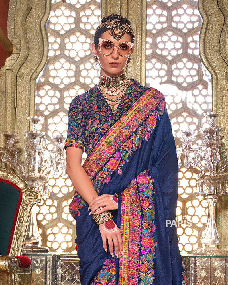 Navy Blue Floral Pashmina Silk Saree – Designer Embroidered Saree