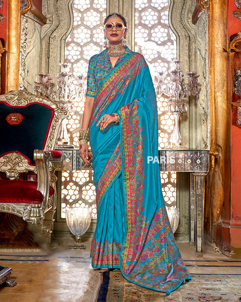 Sky Blue Floral Pashmina Silk Saree – Elegant Embroidered Border