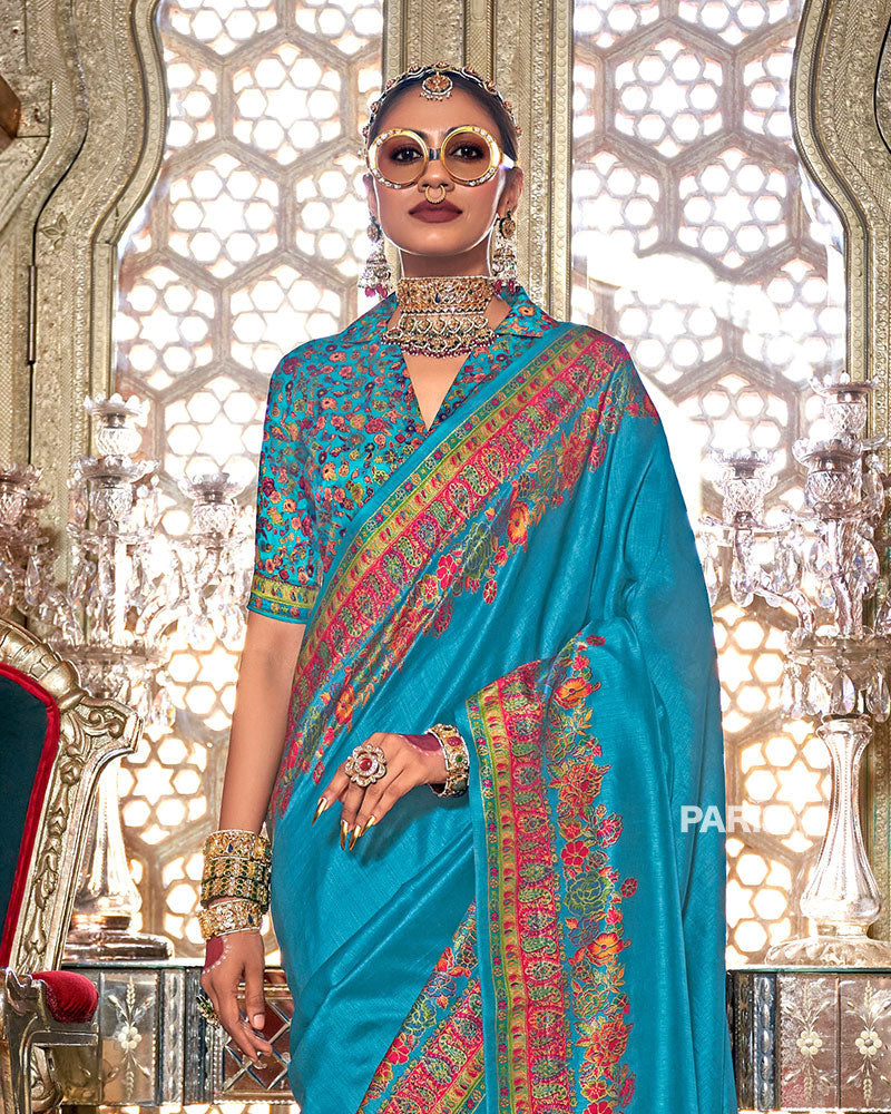 Sky Blue Floral Pashmina Silk Saree – Elegant Embroidered Border