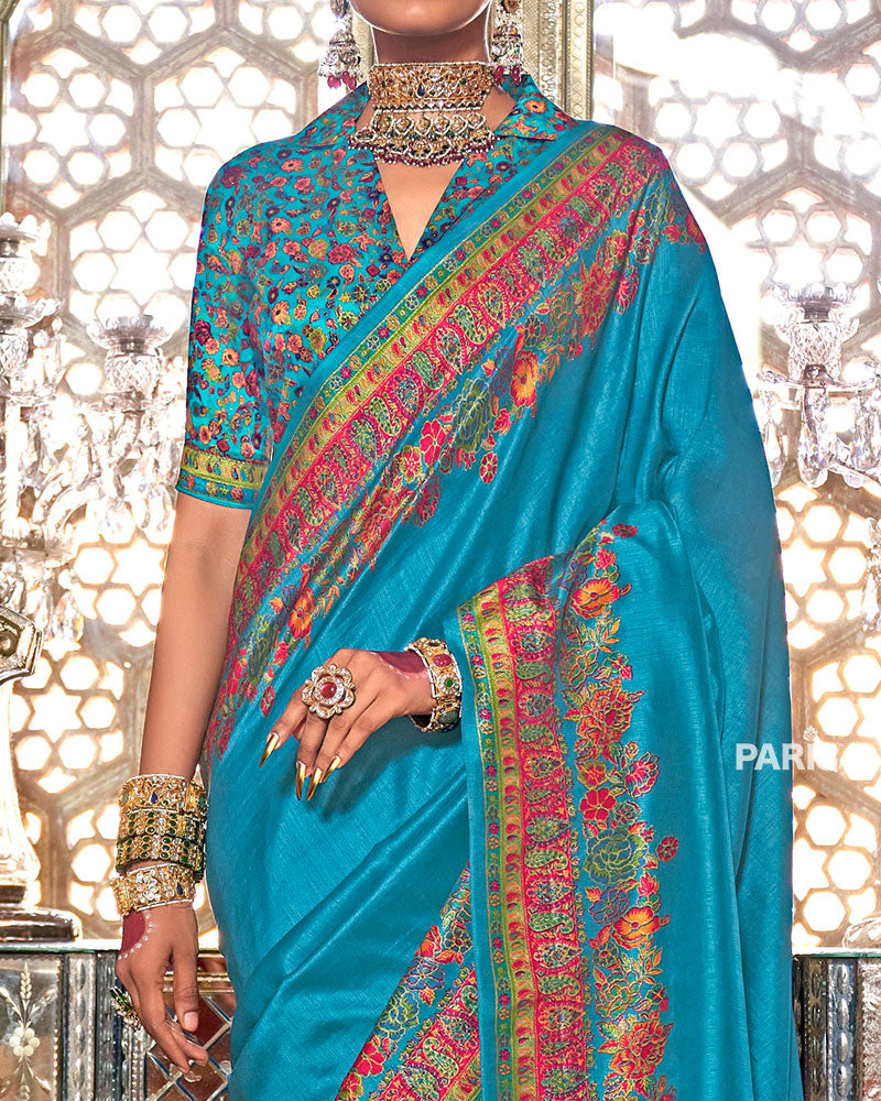 Sky Blue Floral Pashmina Silk Saree – Elegant Embroidered Border