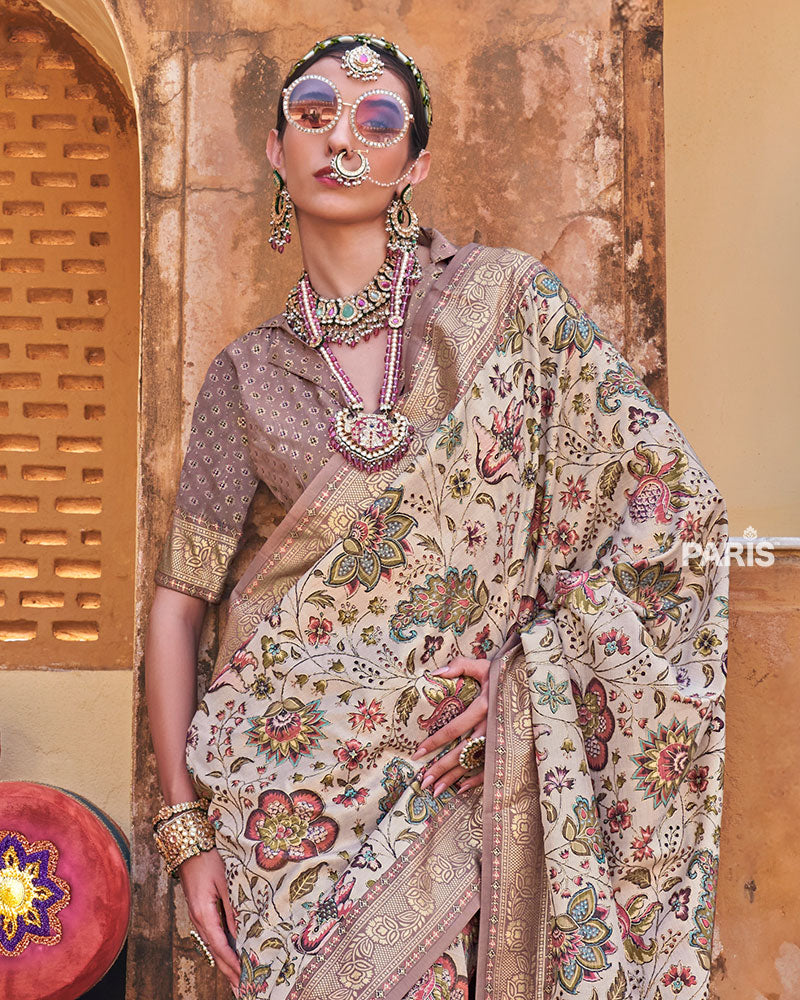 Pastel Cream Floral Printed Silk Saree with Unstitched Blouse