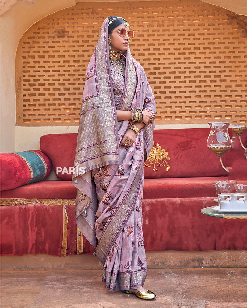 Purple Floral Printed Silk Saree with Unstitched Blouse