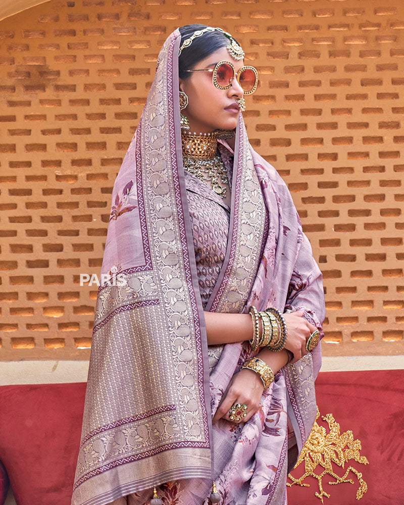 Purple Floral Printed Silk Saree with Unstitched Blouse