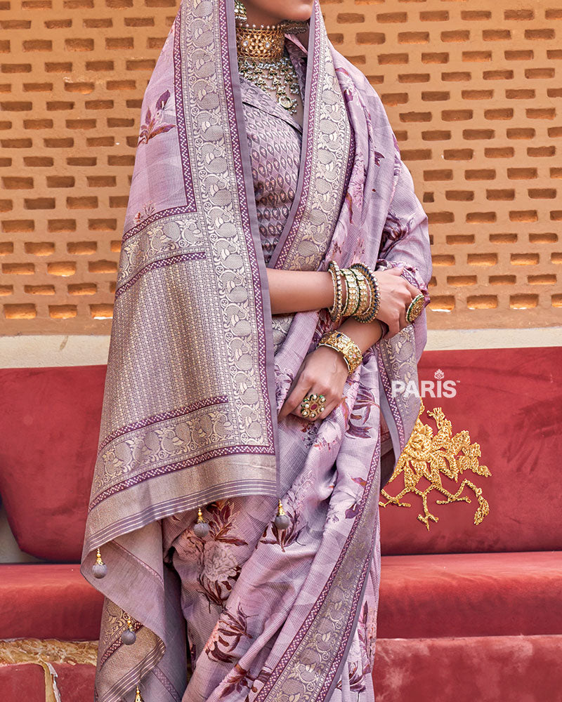 Purple Floral Printed Silk Saree with Unstitched Blouse