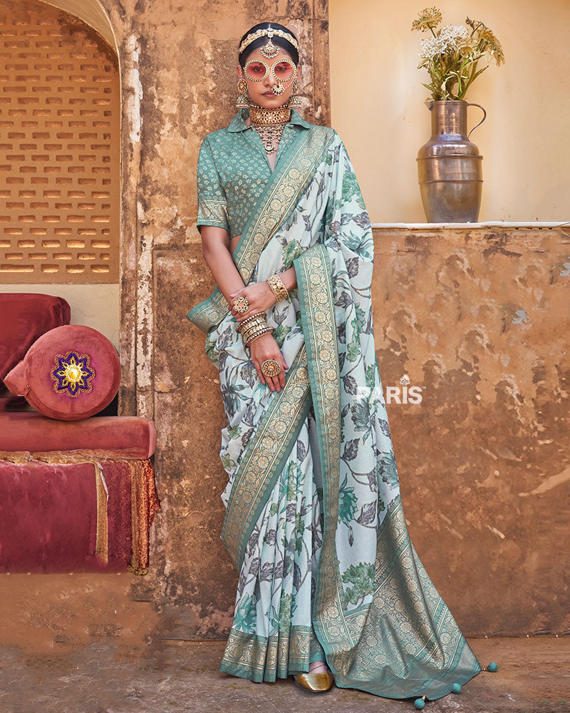 Irish Mint Floral Printed Silk Saree with Unstitched Blouse