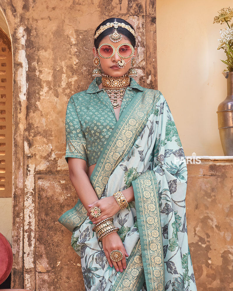 Irish Mint Floral Printed Silk Saree with Unstitched Blouse