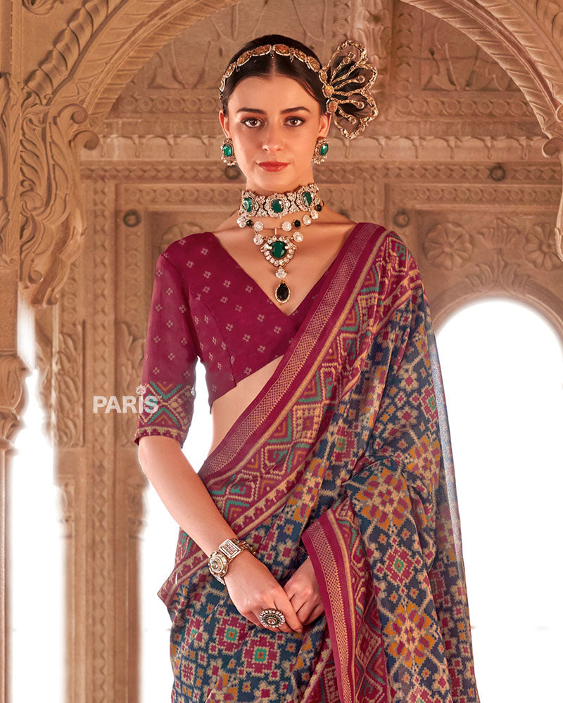 Navy Blue and Maroon Patola Printed Saree with Unstitched Blouse 02