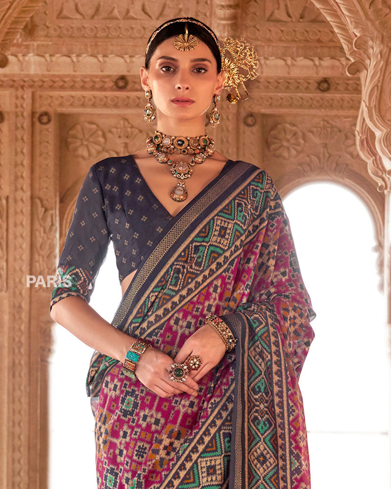 Navy Blue and Magenta Patola Printed Saree with Unstitched Blouse 02