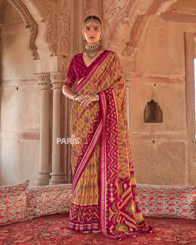 Beige and Rani Pink Ikat Patola Printed Saree with Unstitched Blouse 01
