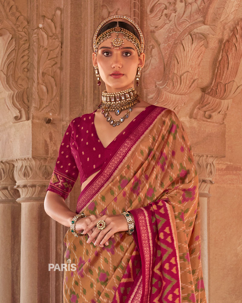 Beige and Rani Pink Ikat Patola Printed Saree with Unstitched Blouse 02