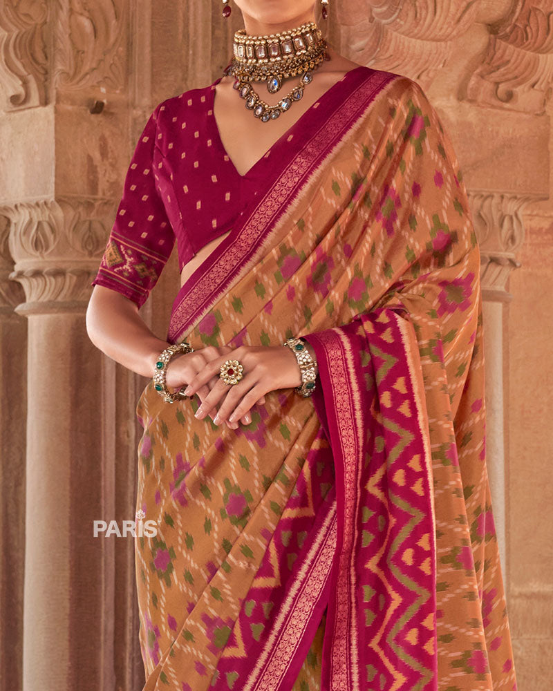 Beige and Rani Pink Ikat Patola Printed Saree with Unstitched Blouse 03