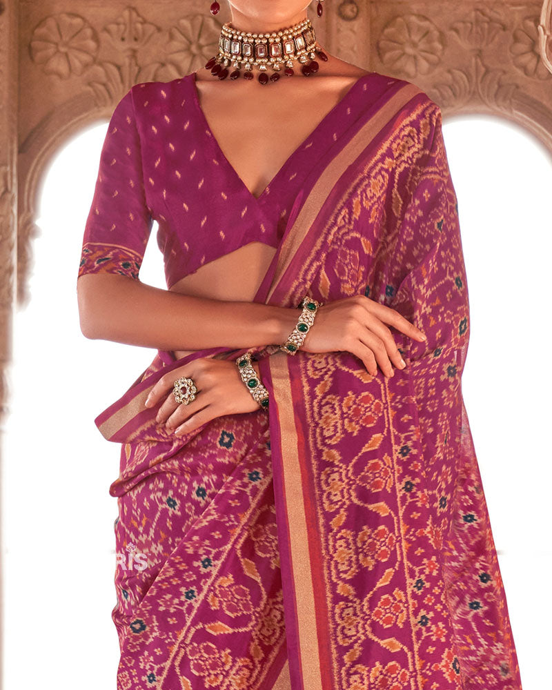 Rani Pink Patola Printed Saree with Golden Zari Border and Unstitched Blouse 03