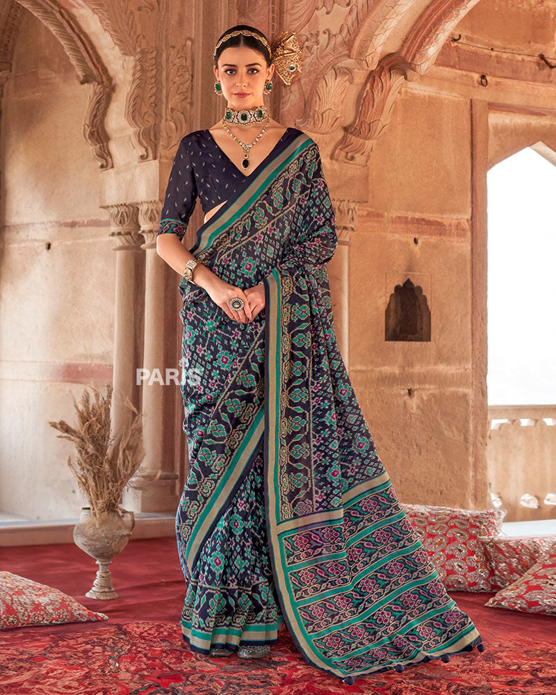 Navy Blue Patola Printed Saree with Teal Green Zari Border and Unstitched Blouse 01