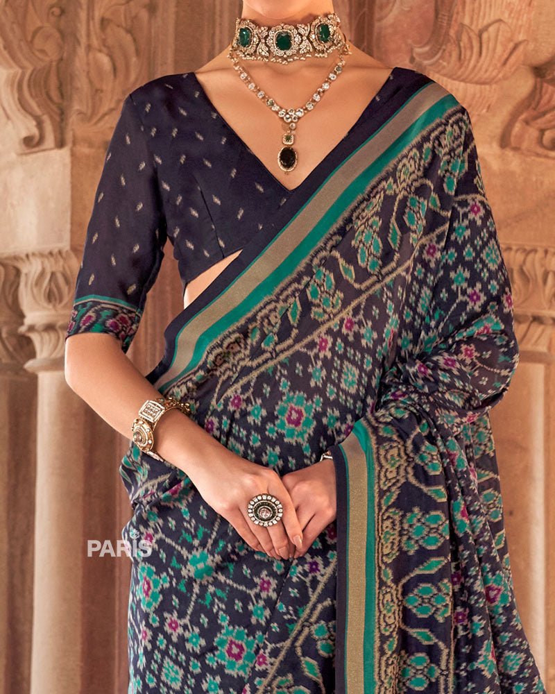 Navy Blue Patola Printed Saree with Teal Green Zari Border and Unstitched Blouse 03
