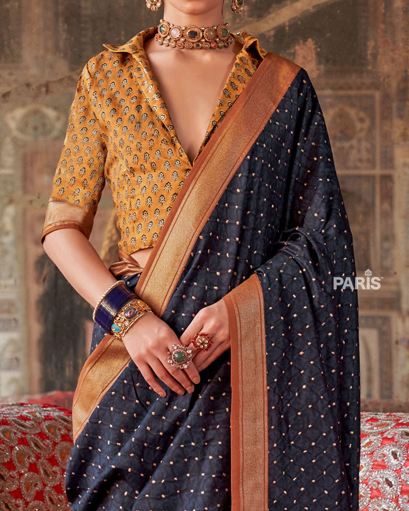 Insignia Blue Printed Silk Saree with Unstitched Blouse