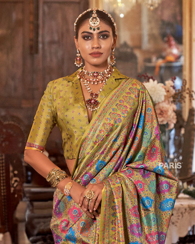 Green Silk Saree with Embroidered Pallu & Blouse