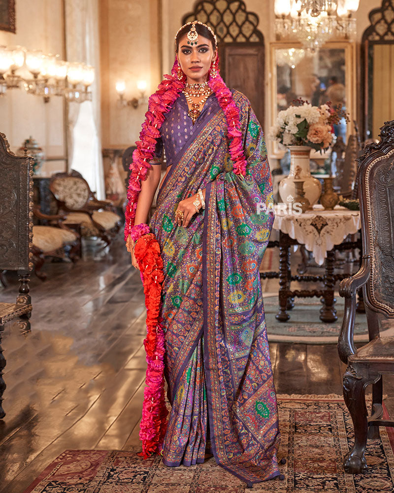Cream Silk Saree with Multicolor Print & Blouse