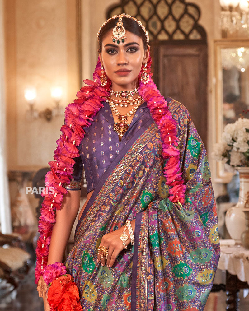 Cream Silk Saree with Multicolor Print & Blouse