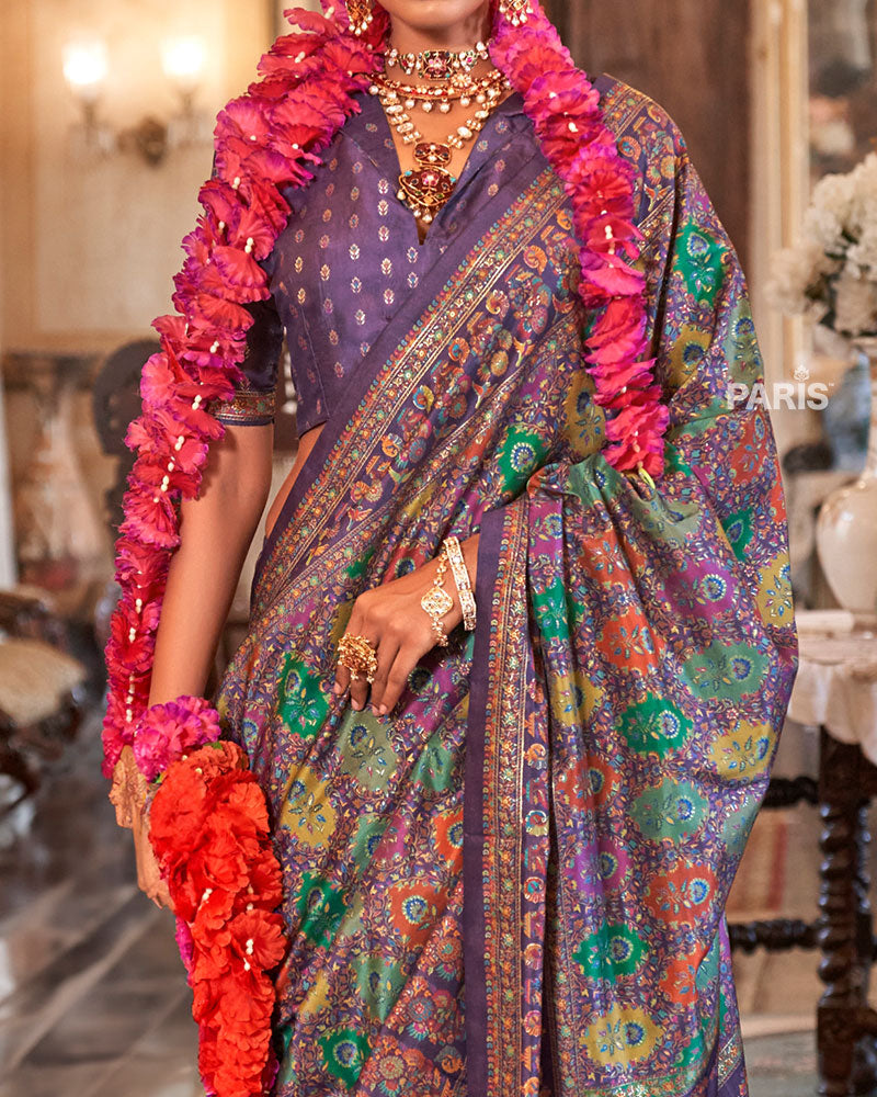 Cream Silk Saree with Multicolor Print & Blouse