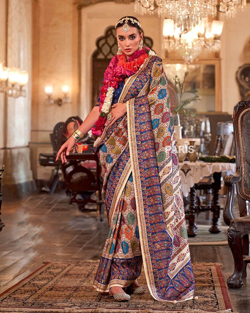 Blue Silk Saree with Geometric & Floral Prints