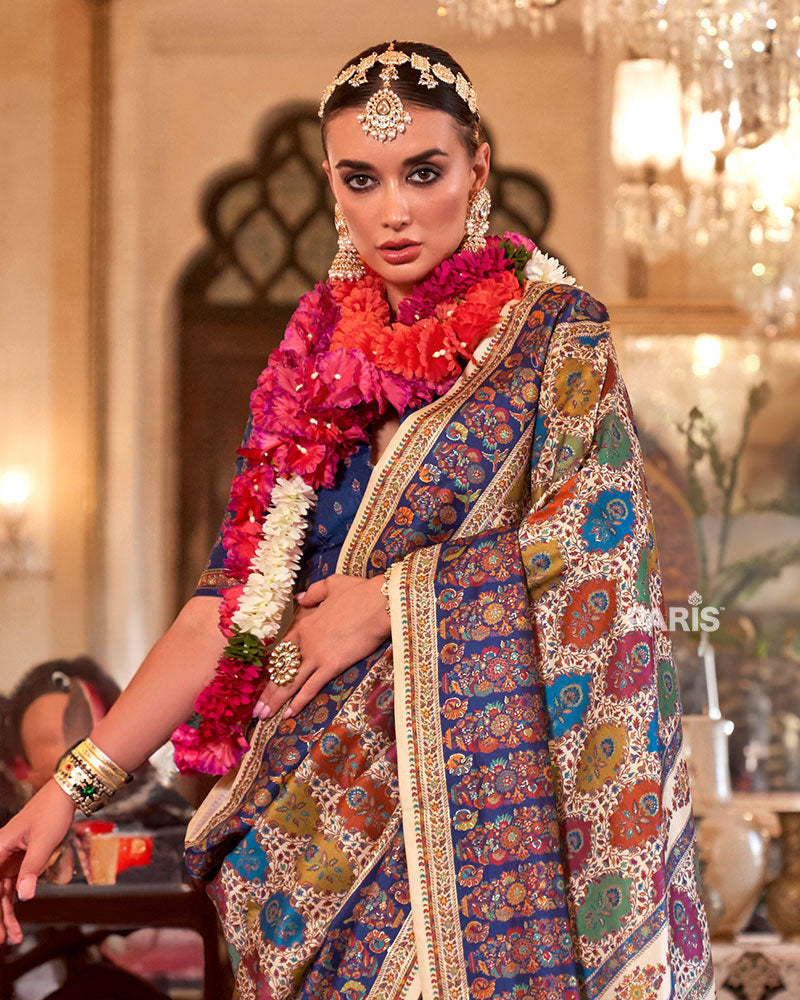 Blue Silk Saree with Geometric & Floral Prints