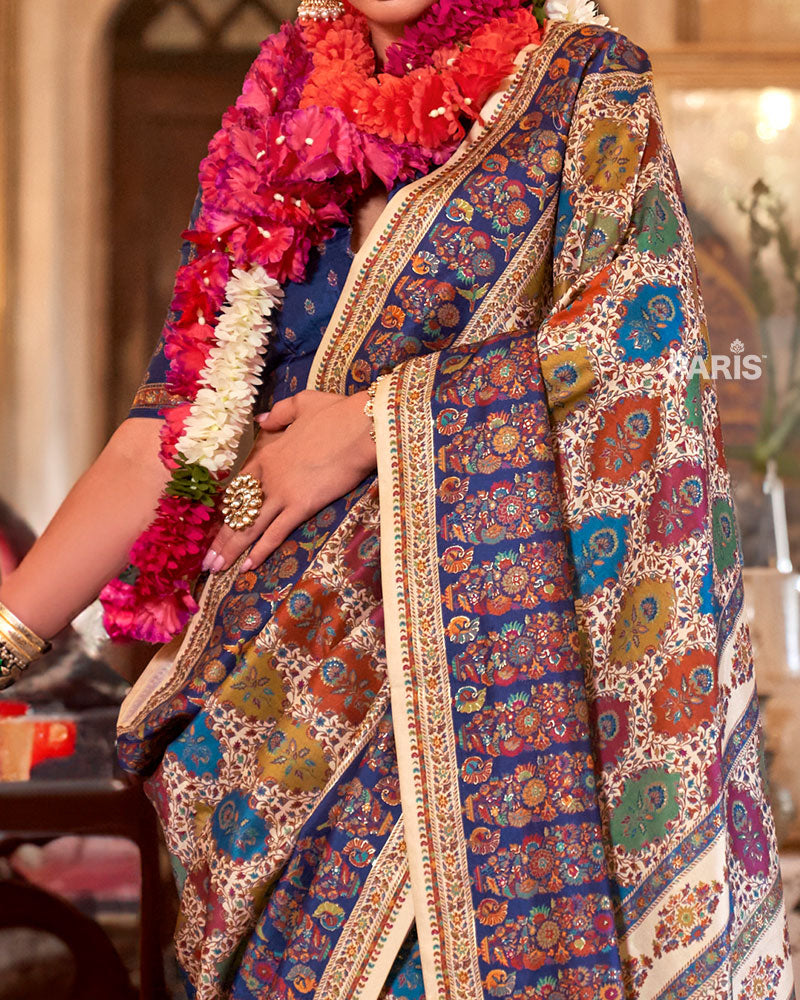 Blue Silk Saree with Geometric & Floral Prints