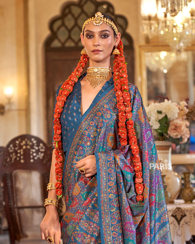 Maroon Silk Saree with Multicolor Block Prints