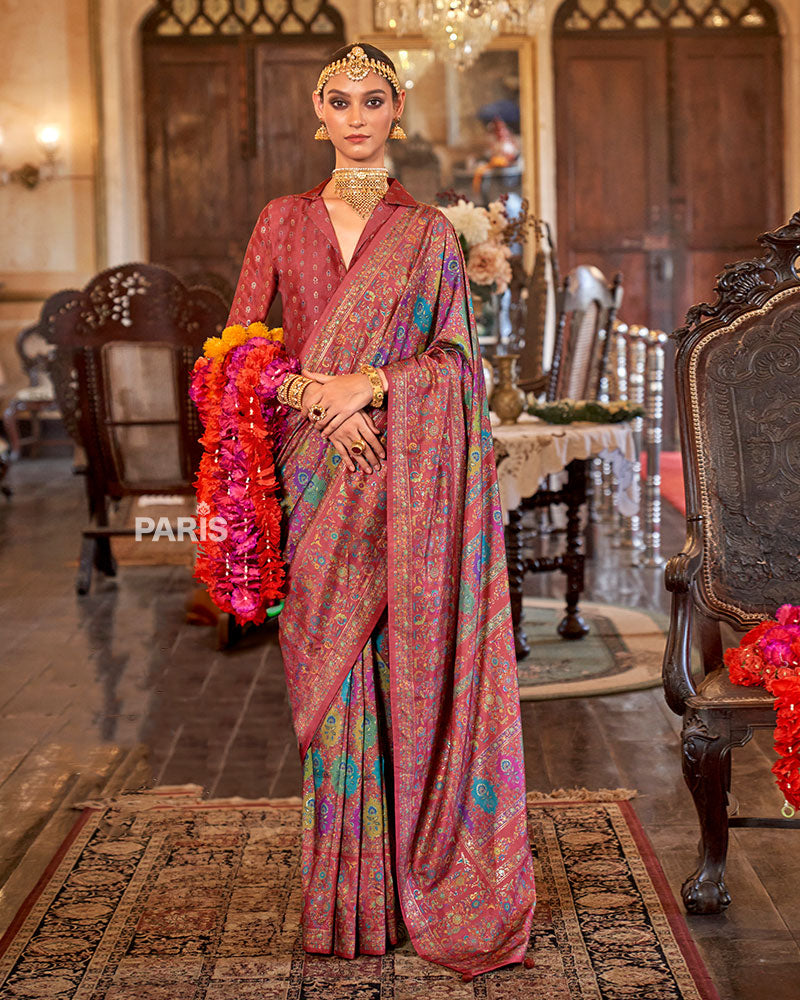 Forest Green Silk Saree with Floral Print Border