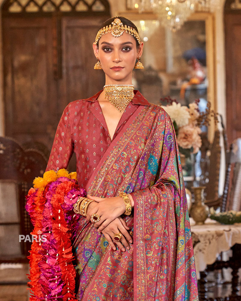 Forest Green Silk Saree with Floral Print Border
