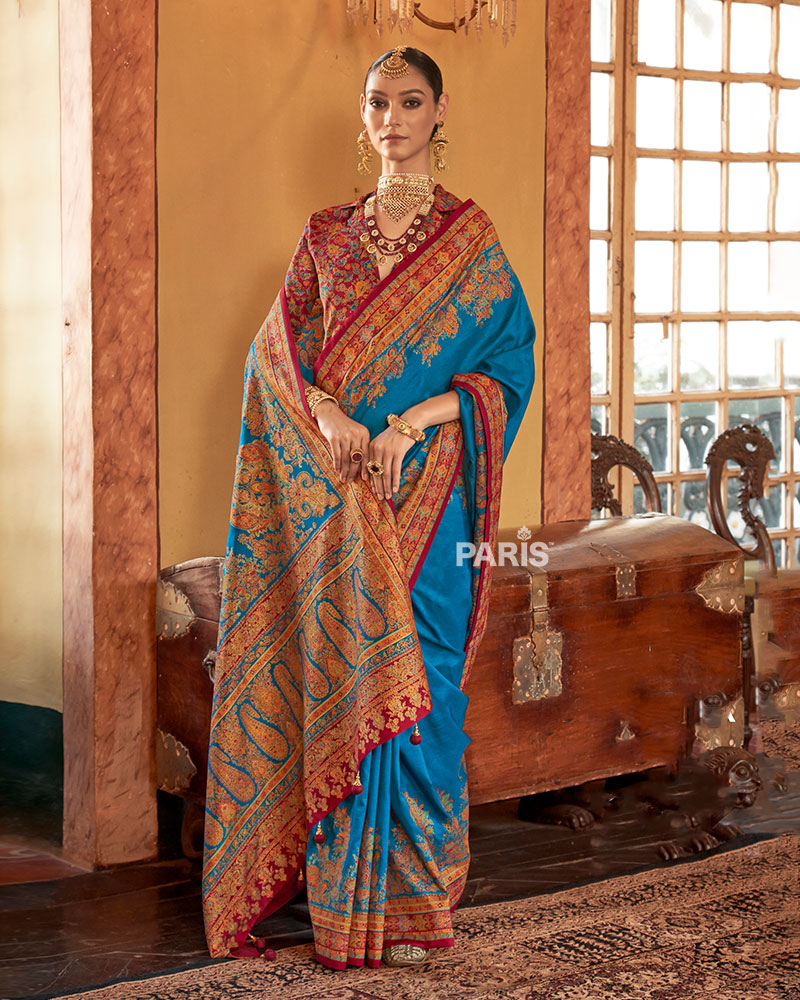Deep Green Paisley Printed Silk Saree