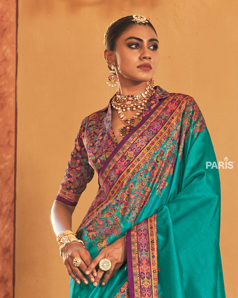 Purple Silk Saree with Multicolor Paisley & Blouse