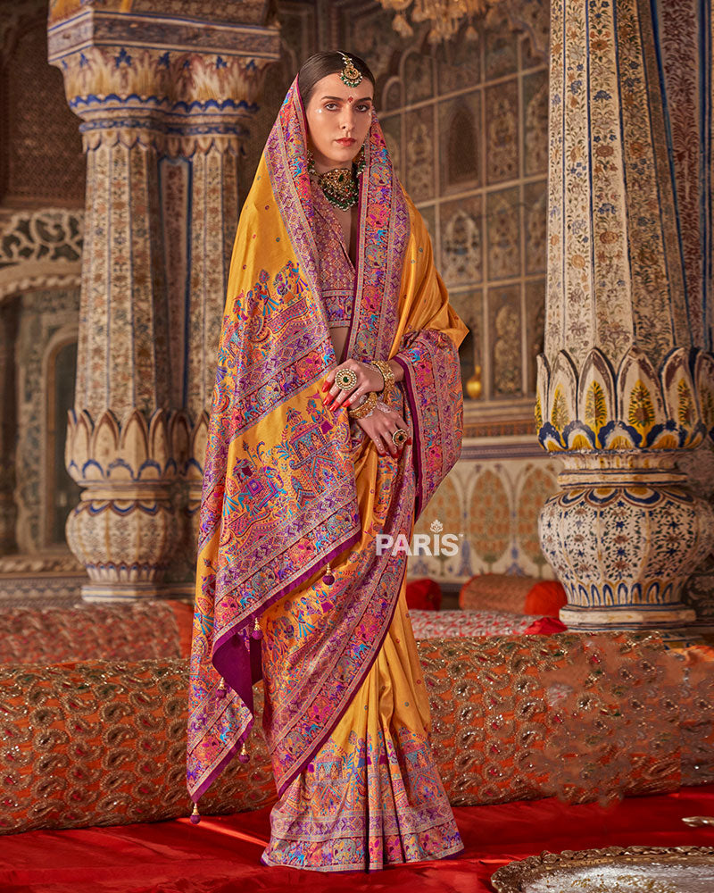 Purple Silk Saree with Woven Floral Border & Blouse
