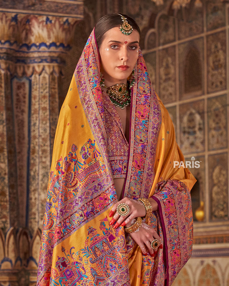 Purple Silk Saree with Woven Floral Border & Blouse