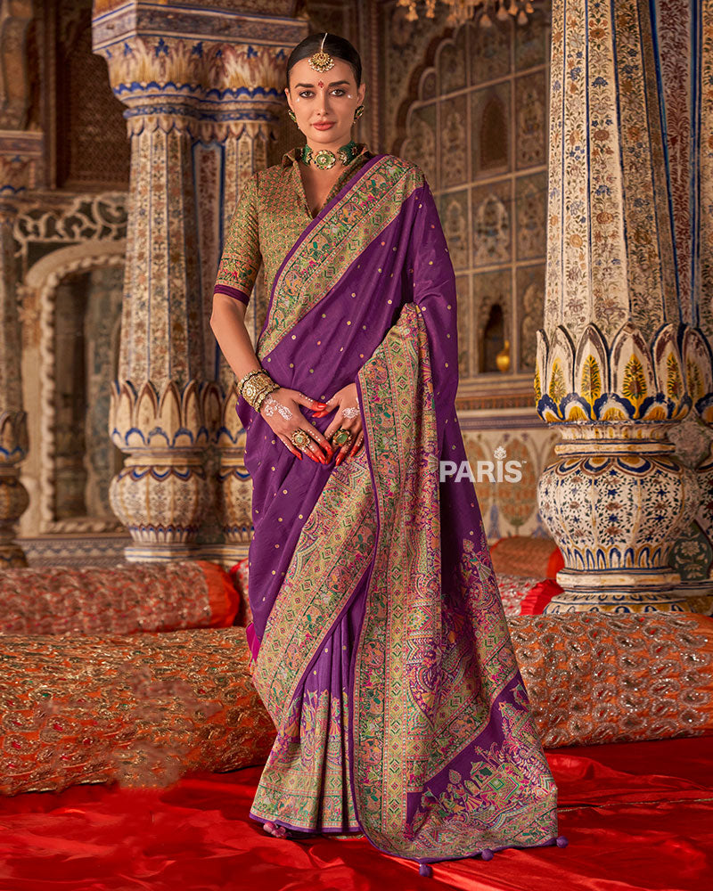 Teal Silk Saree with Floral Motif Border & Blouse