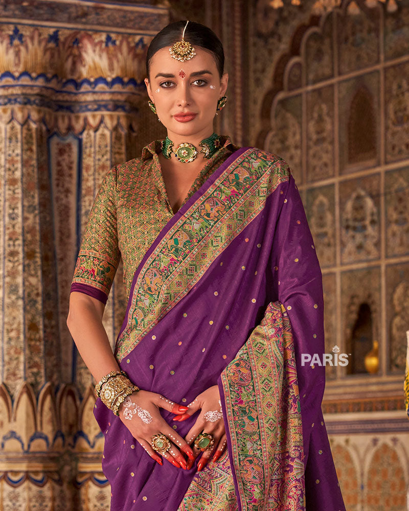 Teal Silk Saree with Floral Motif Border & Blouse