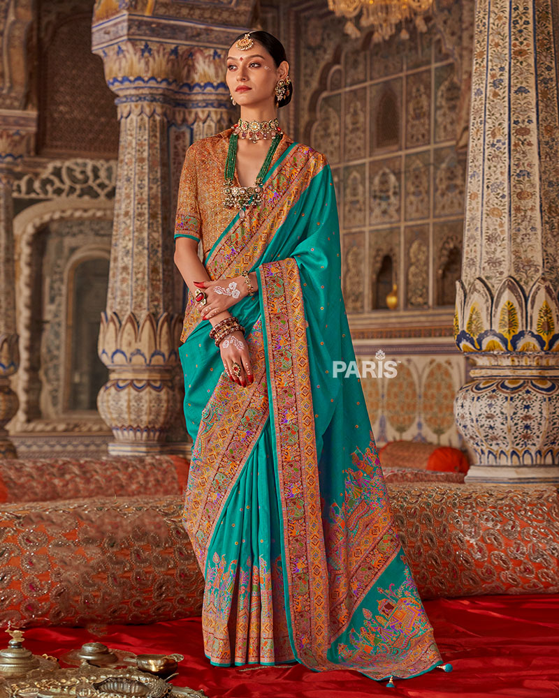 Navy Blue Silk Saree with Floral Print & Blouse