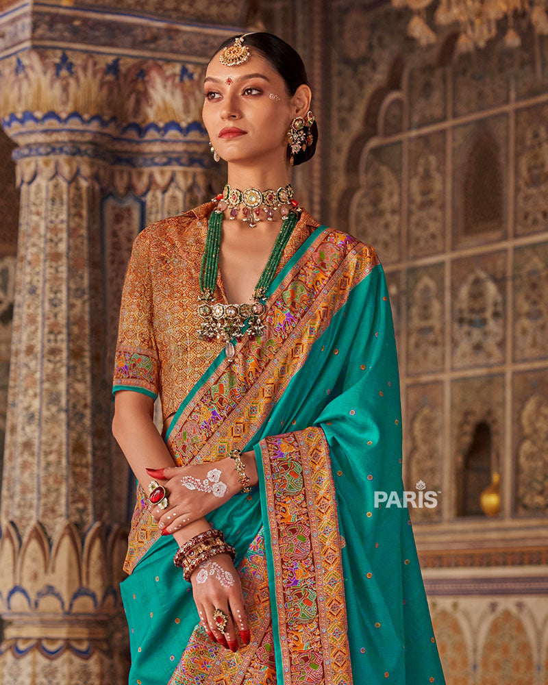 Navy Blue Silk Saree with Floral Print & Blouse