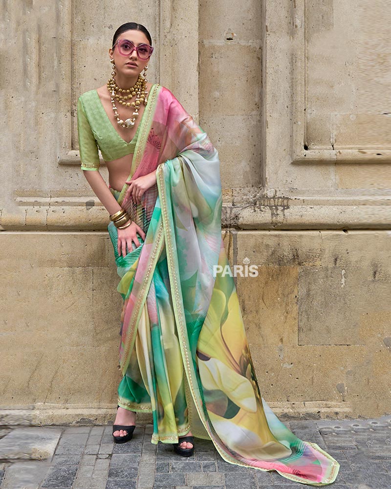 Pastel Digital Floral Print Silk Saree with Embellished Border