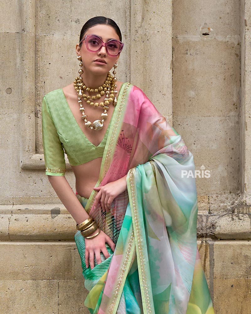 Pastel Digital Floral Print Silk Saree with Embellished Border