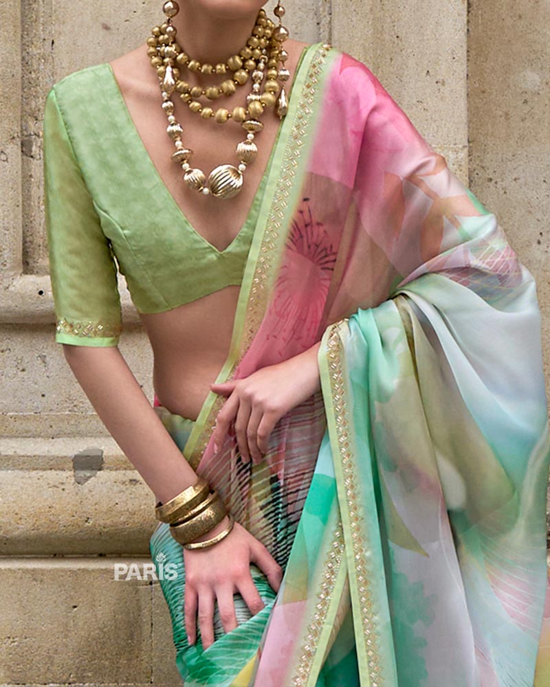 Pastel Digital Floral Print Silk Saree with Embellished Border