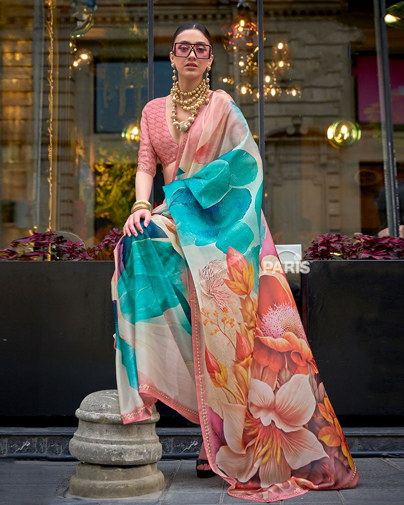 Teal & Coral Digital Floral Print Saree with Embellished Border