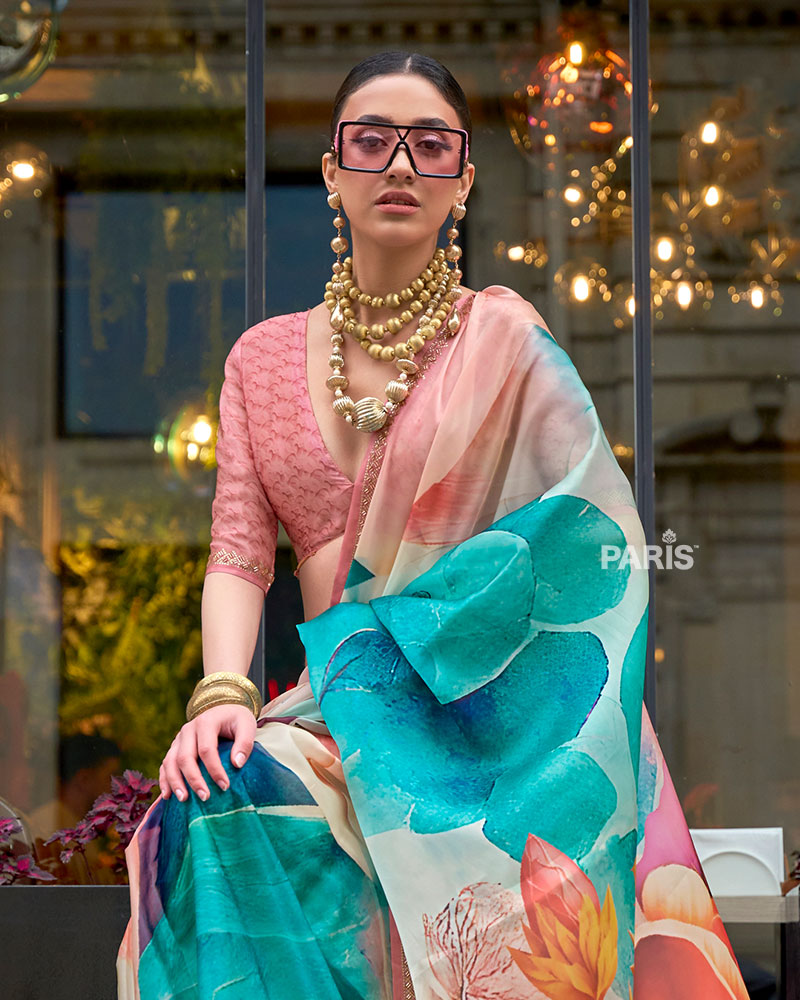 Teal & Coral Digital Floral Print Saree with Embellished Border