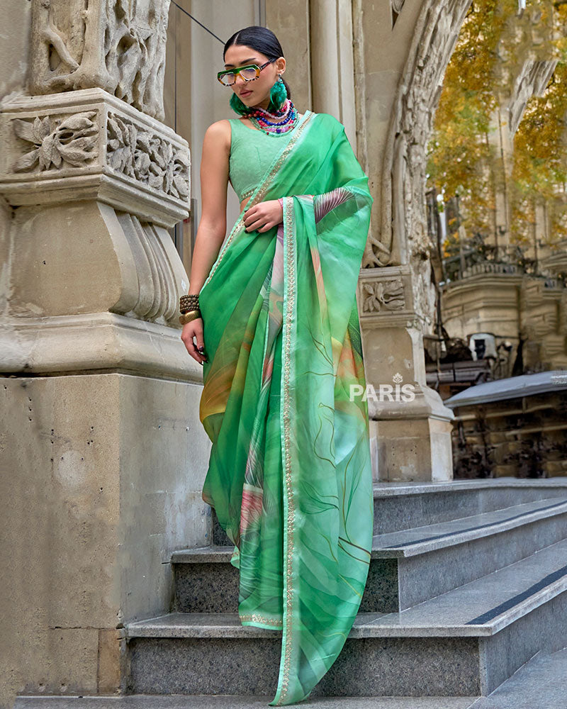 Light Green & Yellow Silk Saree – Embellished Border, Breezy Festive