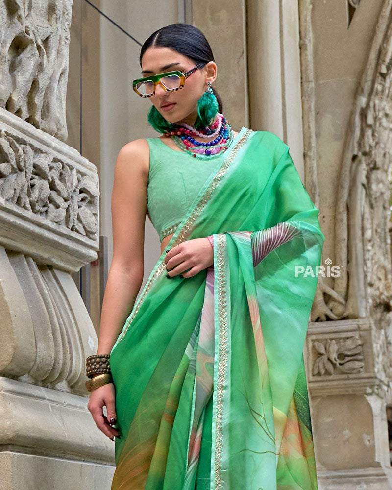 Light Green & Yellow Silk Saree – Embellished Border, Breezy Festive