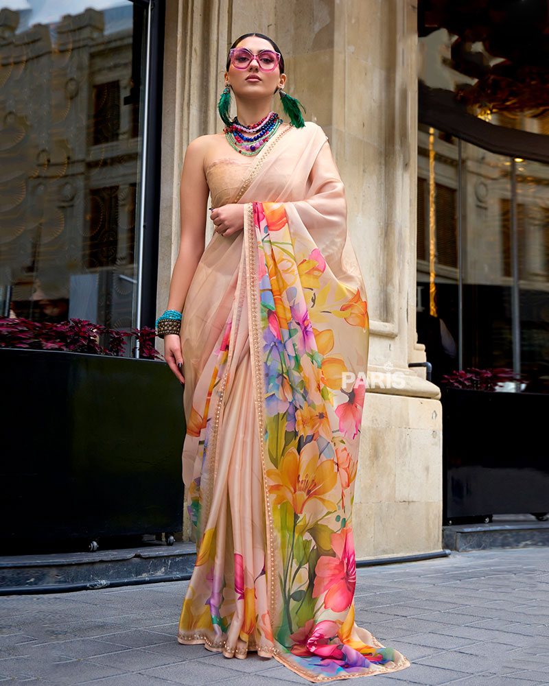Light Beige Floral Print Saree – Sequin Border, Elegant Silk