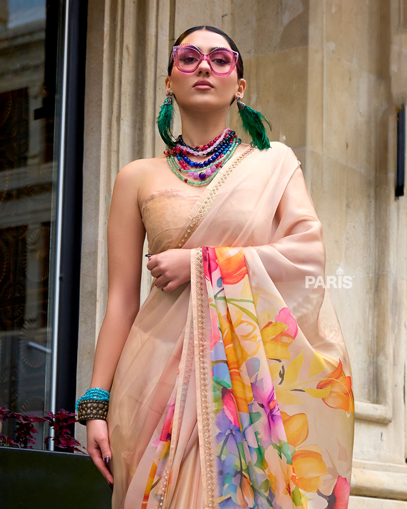 Light Beige Floral Print Saree – Sequin Border, Elegant Silk